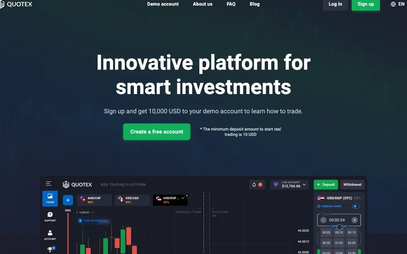 Quotex broker home page with sign-up form