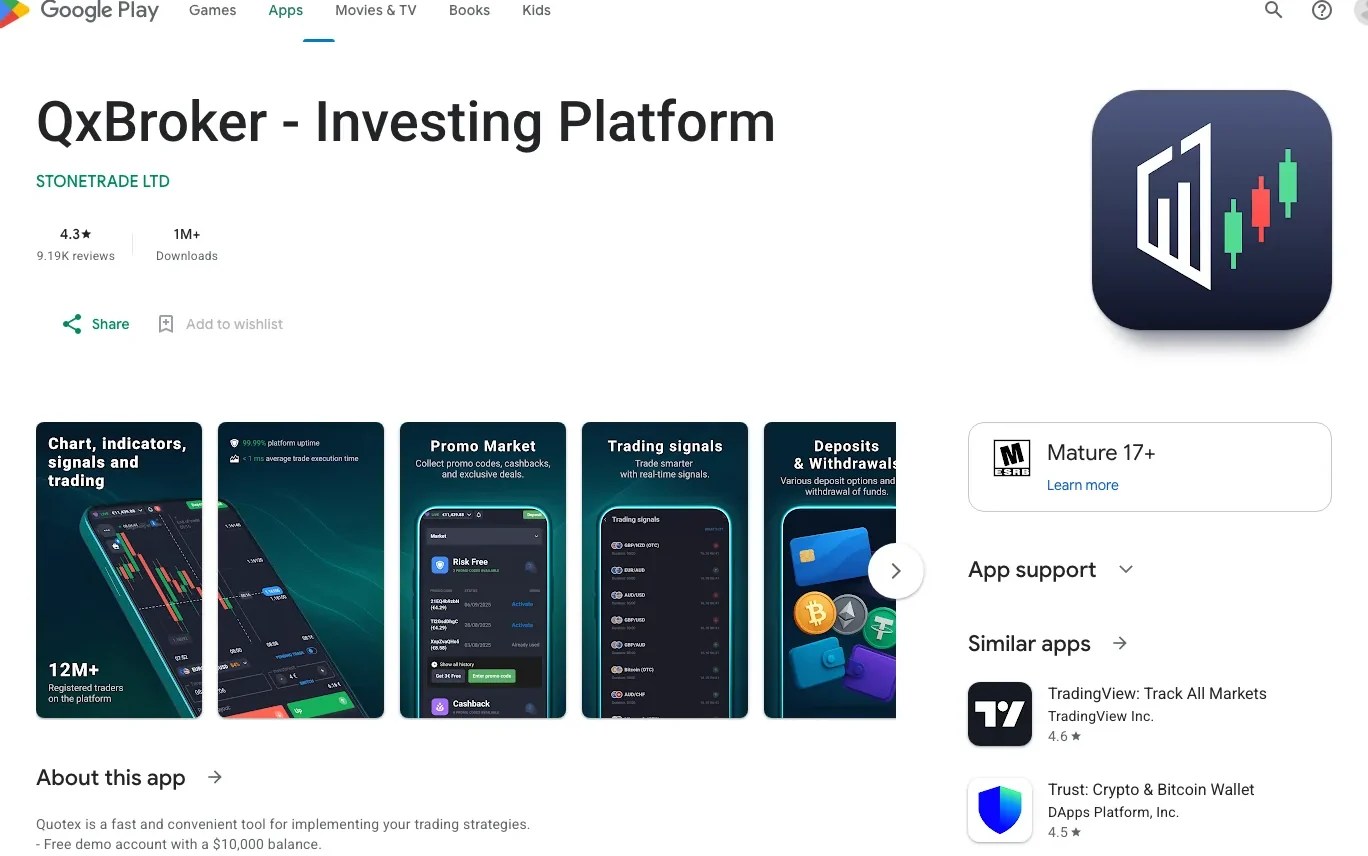 QxBroker Quotex app on Google Play showing 4.3 star rating and over one million downloads