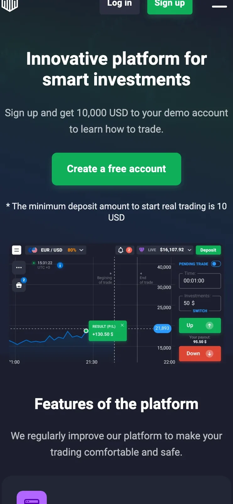 Quotex mobile app home screen with sign up button